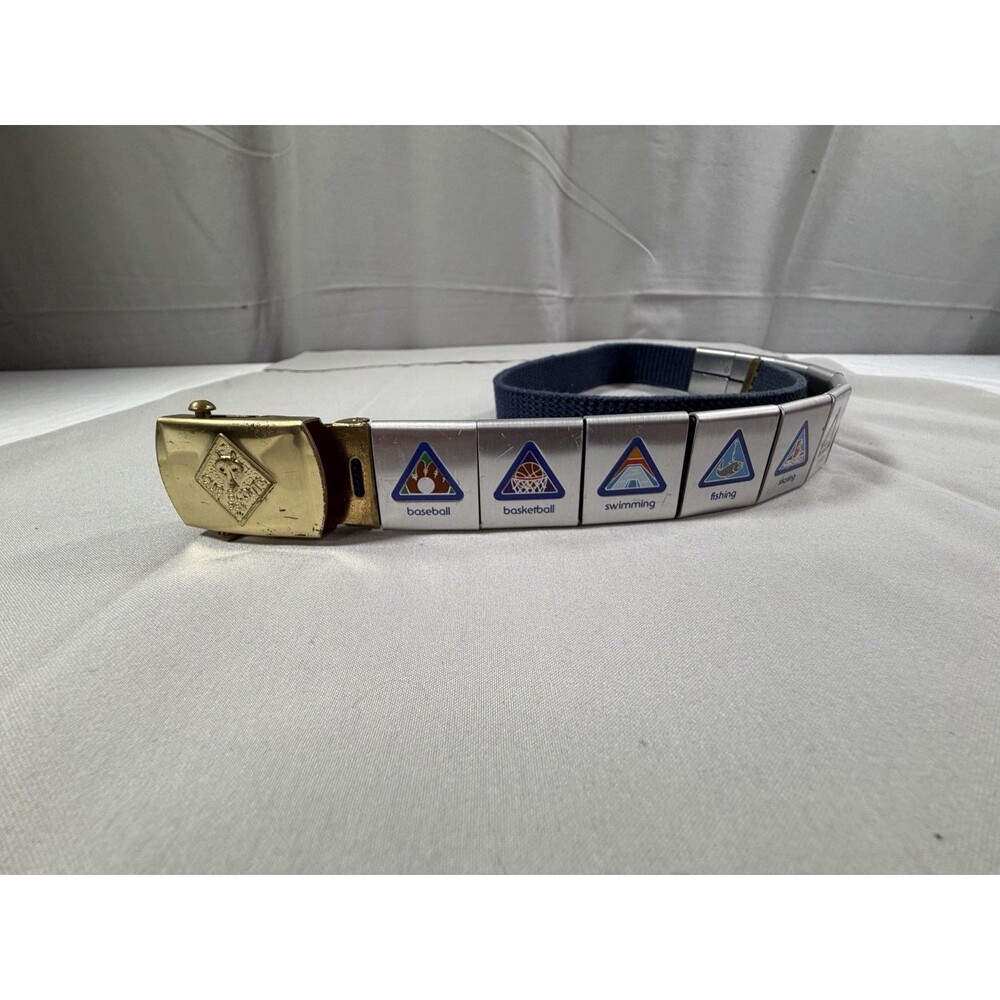 Vintage Cub Scout Belt 11 Activity Badges Slides Brass Buckle, Length 28”